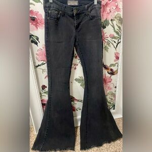 Free People Black Wide Leg Flare Jeans with Vintage Distressed Hem
